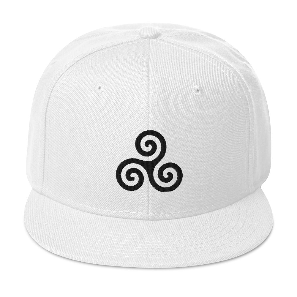 Black Triskelion or Triskeles Spiral Embroidered Flat Bill Cap Snapback Hat