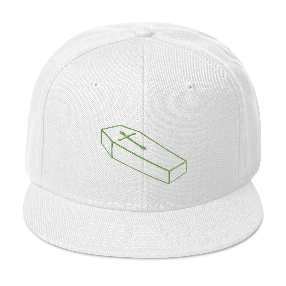 Green Toe Pincher Coffin with Cross Embroidered Flat Bill Cap Snapback Hat