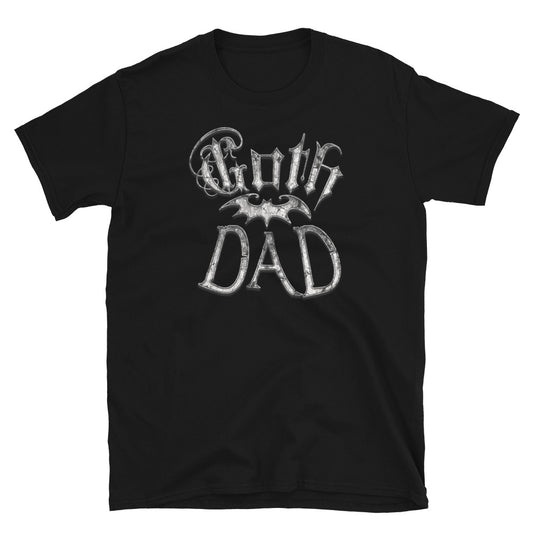 White Goth Dad Bat design on unisex T-shirt, front view