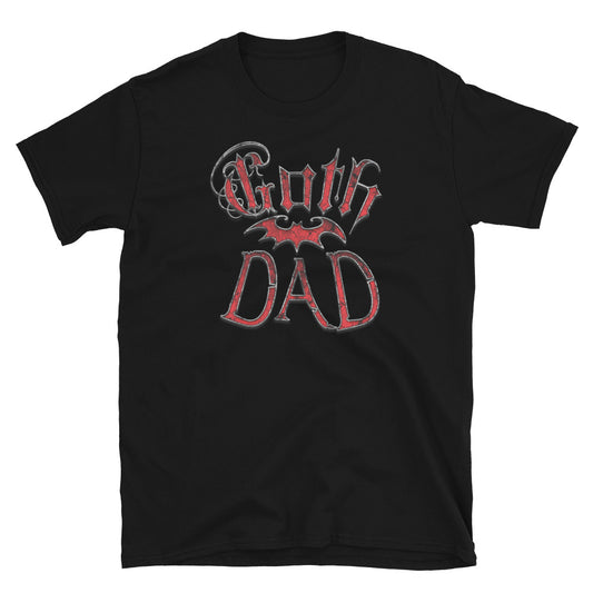 Red Goth Dad Bat design on unisex T-shirt, front view