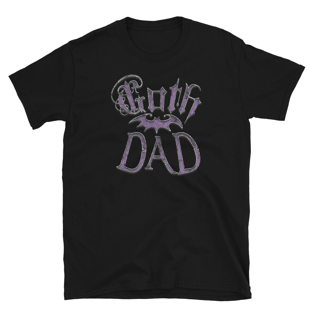 Purple Goth Dad Bat design on unisex T-shirt, front view