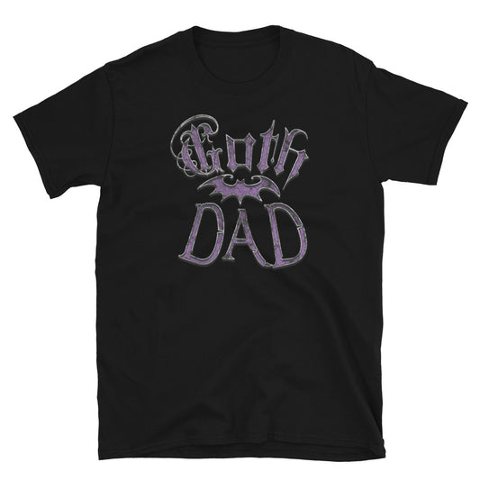 Purple Goth Dad Bat design on unisex T-shirt, front view