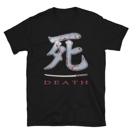 Death Kanji Bloody Sword design on unisex T-shirt, front view