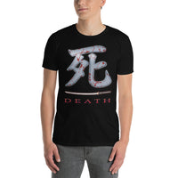 Death Kanji Bloody Sword design on unisex T-shirt, front view