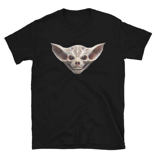 Grinning Bat Skull design on unisex T-shirt, front view