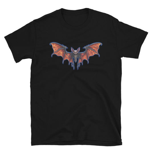 Whimsical Bat Skeleton design on unisex T-shirt, front view