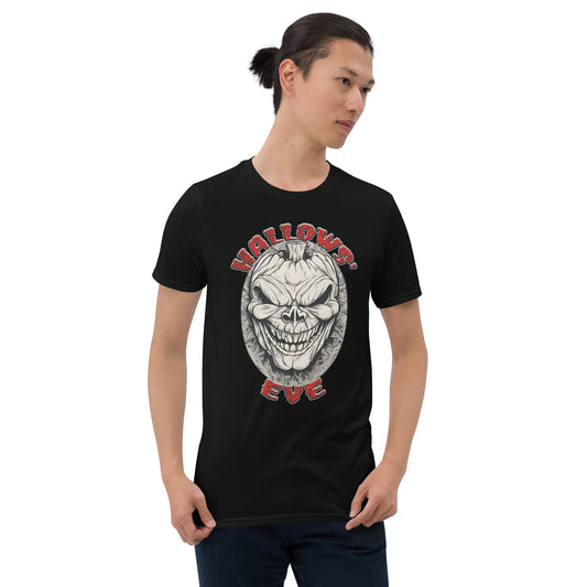 Grinning Skull Pumpkin design on unisex T-shirt, front view
