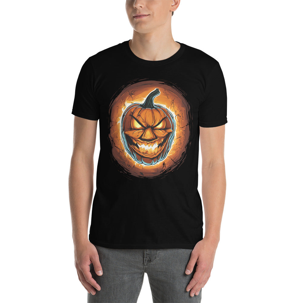 Fire Jack O' Lantern design on unisex T-shirt, front view