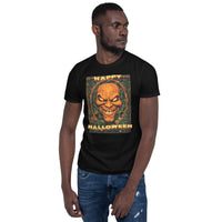Happy Halloween Evil Pumpkin design on unisex T-shirt, front view