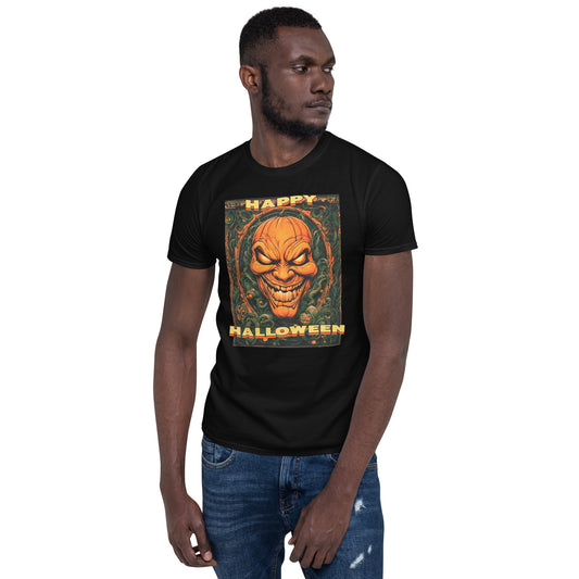 Happy Halloween Evil Pumpkin design on unisex T-shirt, front view