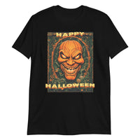 Happy Halloween Evil Pumpkin design on unisex T-shirt, front view