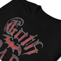Red Goth Dad Bat design on unisex T-shirt, detail view