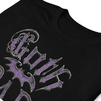 Purple Goth Dad Bat design on unisex T-shirt, detail view