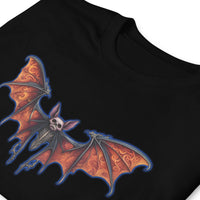 Whimsical Bat Skeleton design on unisex T-shirt, detail view