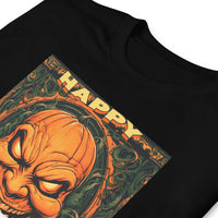 Happy Halloween Evil Pumpkin design on unisex T-shirt, detail view