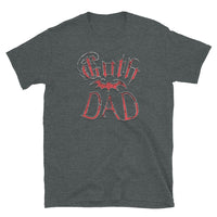Red Goth Dad Bat design on unisex T-shirt, front view