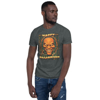Happy Halloween Evil Pumpkin design on unisex T-shirt, front view