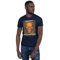 Happy Halloween Evil Pumpkin design on unisex T-shirt, front view