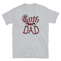 Red Goth Dad Bat design on unisex T-shirt, front view