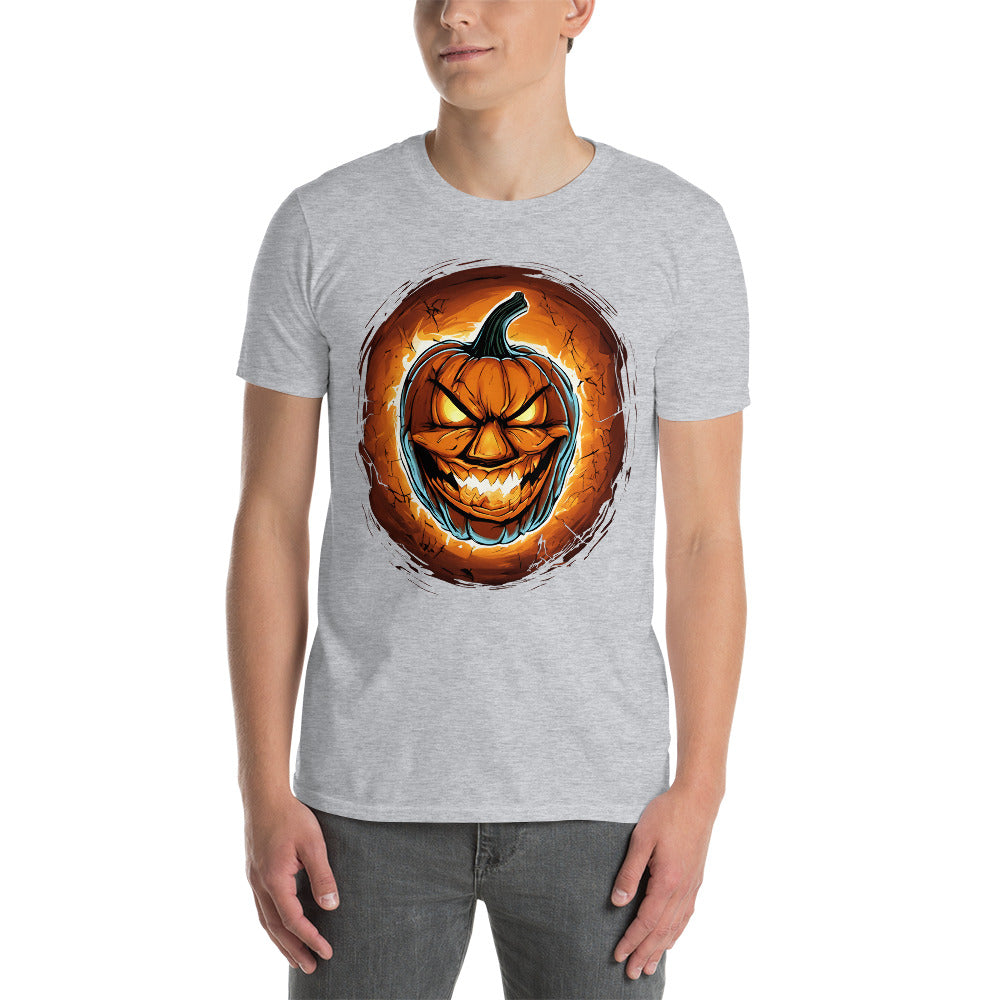Fire Jack O' Lantern design on unisex T-shirt, front view