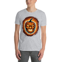 Fire Jack O' Lantern design on unisex T-shirt, front view