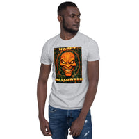 Happy Halloween Evil Pumpkin design on unisex T-shirt, front view