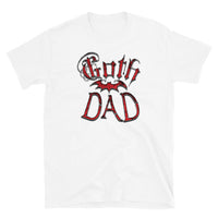 Red Goth Dad Bat design on unisex T-shirt, front view