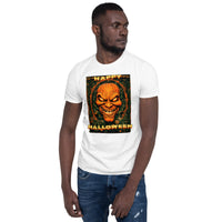 Happy Halloween Evil Pumpkin design on unisex T-shirt, front view