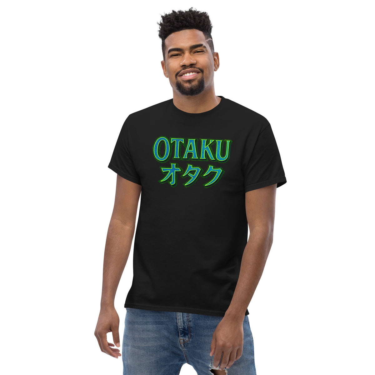 Otaku オタク design on unisex T-shirt, front view