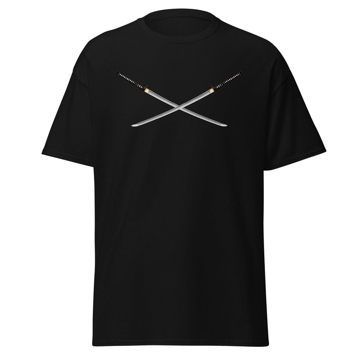Dual Samurai Swords design on unisex T-shirt, front view