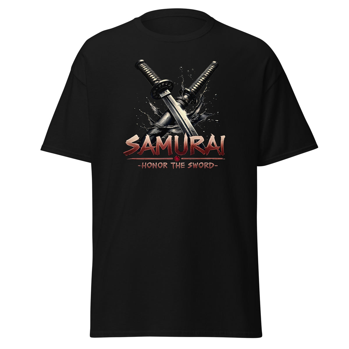 Splash Katana Swords Samurai Warrior design on unisex T-shirt, front view