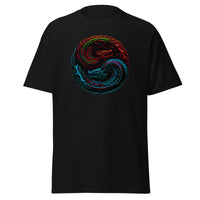 Yin Yang Chinese Dragon Fire and Ice design on unisex T-shirt, front view
