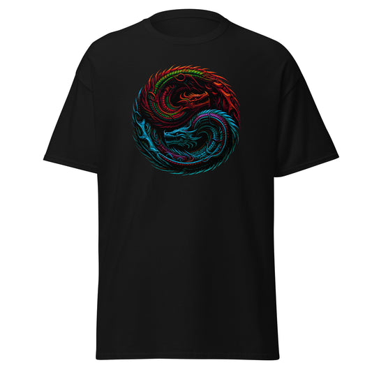 Yin Yang Chinese Dragon Fire and Ice design on unisex T-shirt, front view