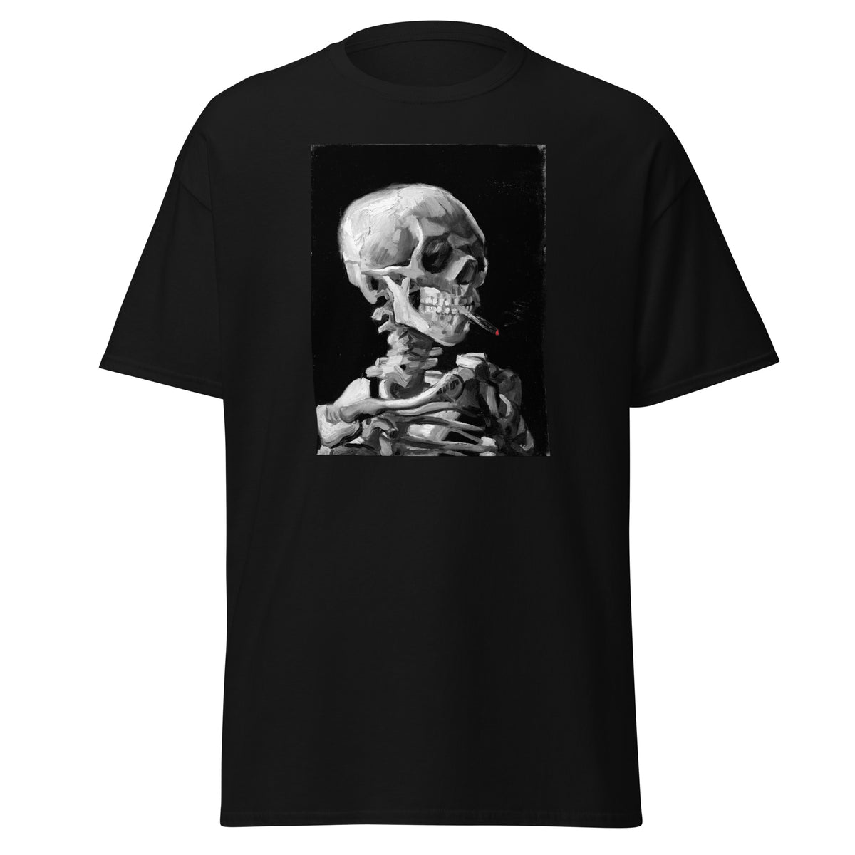 Skeleton Smoking design on unisex T-shirt, front view