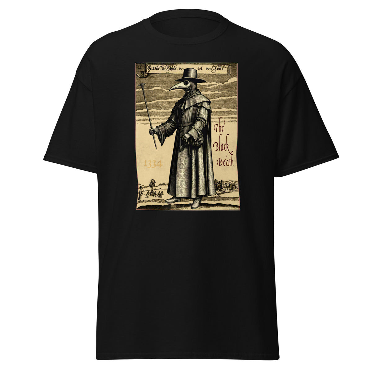 Plague Doctor 1334 design on unisex T-shirt, front view