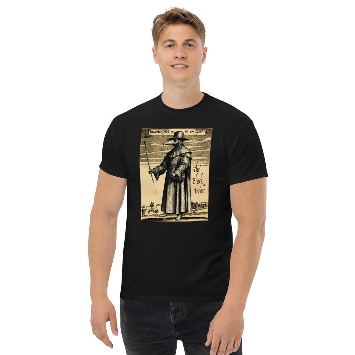 Plague Doctor 1334 design on unisex T-shirt, front view