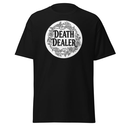 Death Dealer Roses Skeleton Hands design on unisex T-shirt, front view