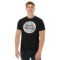 Death Dealer Roses Skeleton Hands design on unisex T-shirt, front view