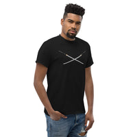 Dual Samurai Swords design on unisex T-shirt, right-front view