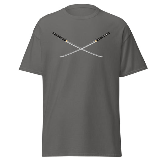 Dual Samurai Swords design on unisex T-shirt, front view
