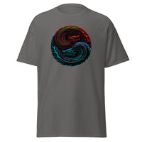 Yin Yang Chinese Dragon Fire and Ice design on unisex T-shirt, front view
