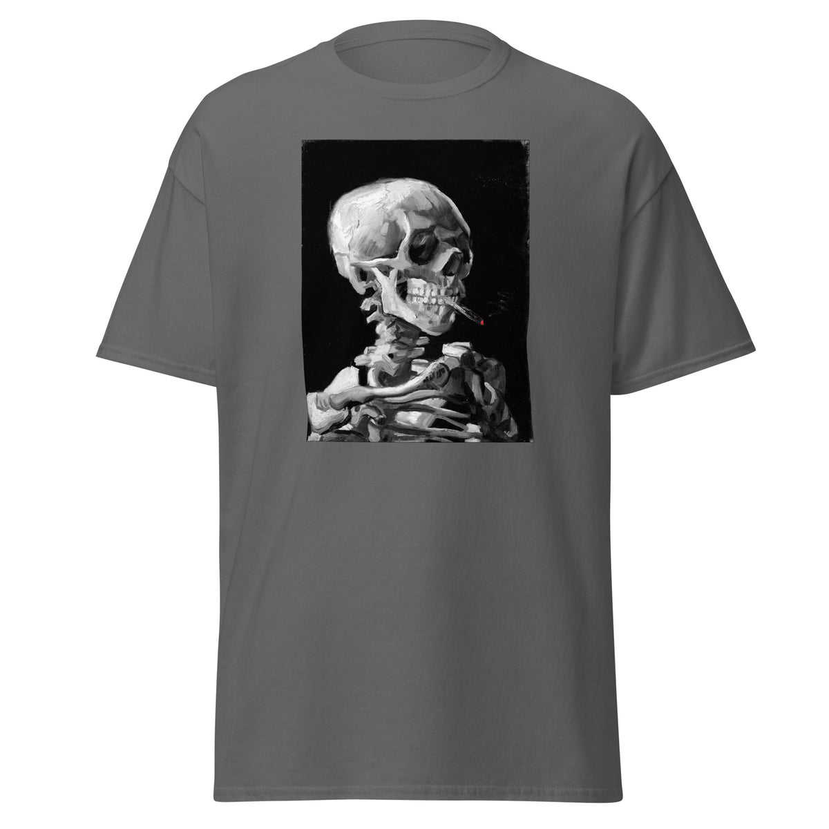 Skeleton Smoking design on unisex T-shirt, front view