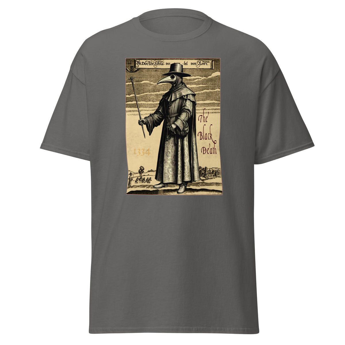 Plague Doctor 1334 design on unisex T-shirt, front view
