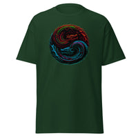 Yin Yang Chinese Dragon Fire and Ice design on unisex T-shirt, front view