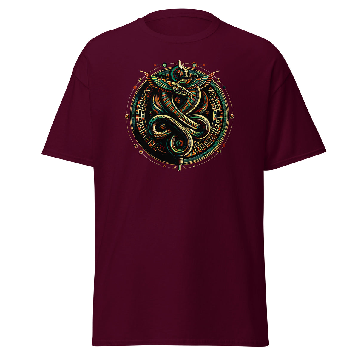 Egyptian Ouroboros Snake Occult Symbol design on unisex T-shirt, front view