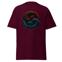 Yin Yang Chinese Dragon Fire and Ice design on unisex T-shirt, front view