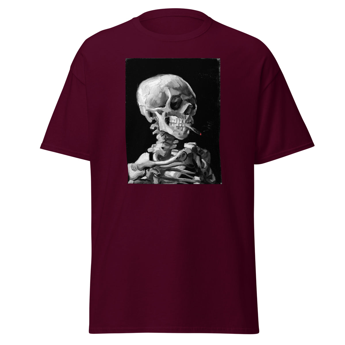 Skeleton Smoking design on unisex T-shirt, front view