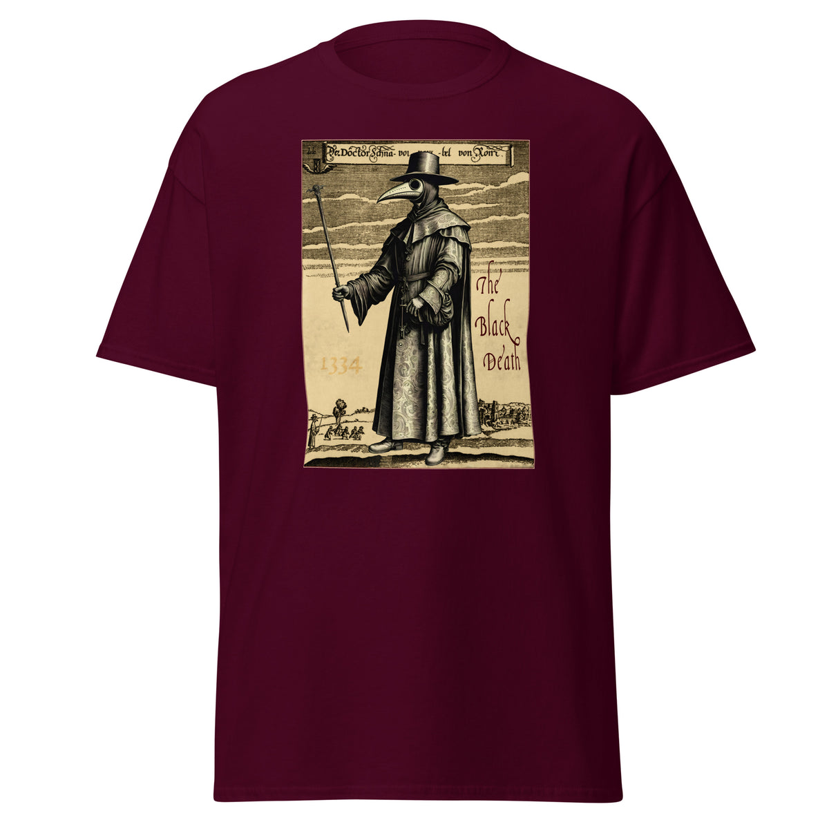 Plague Doctor 1334 design on unisex T-shirt, front view