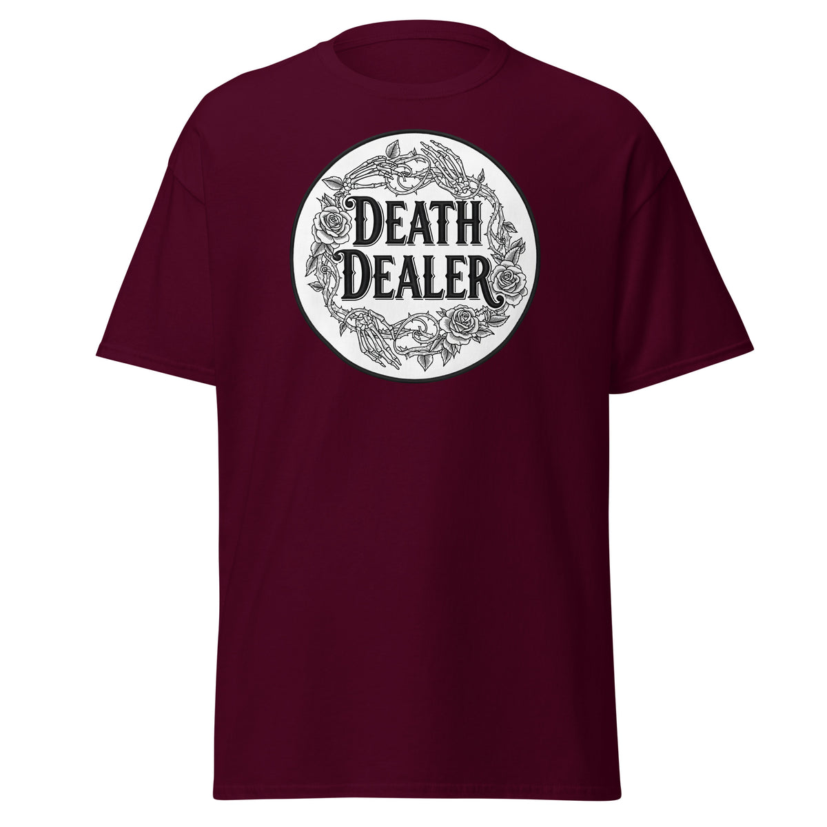 Death Dealer Roses Skeleton Hands design on unisex T-shirt, front view