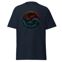 Yin Yang Chinese Dragon Fire and Ice design on unisex T-shirt, front view